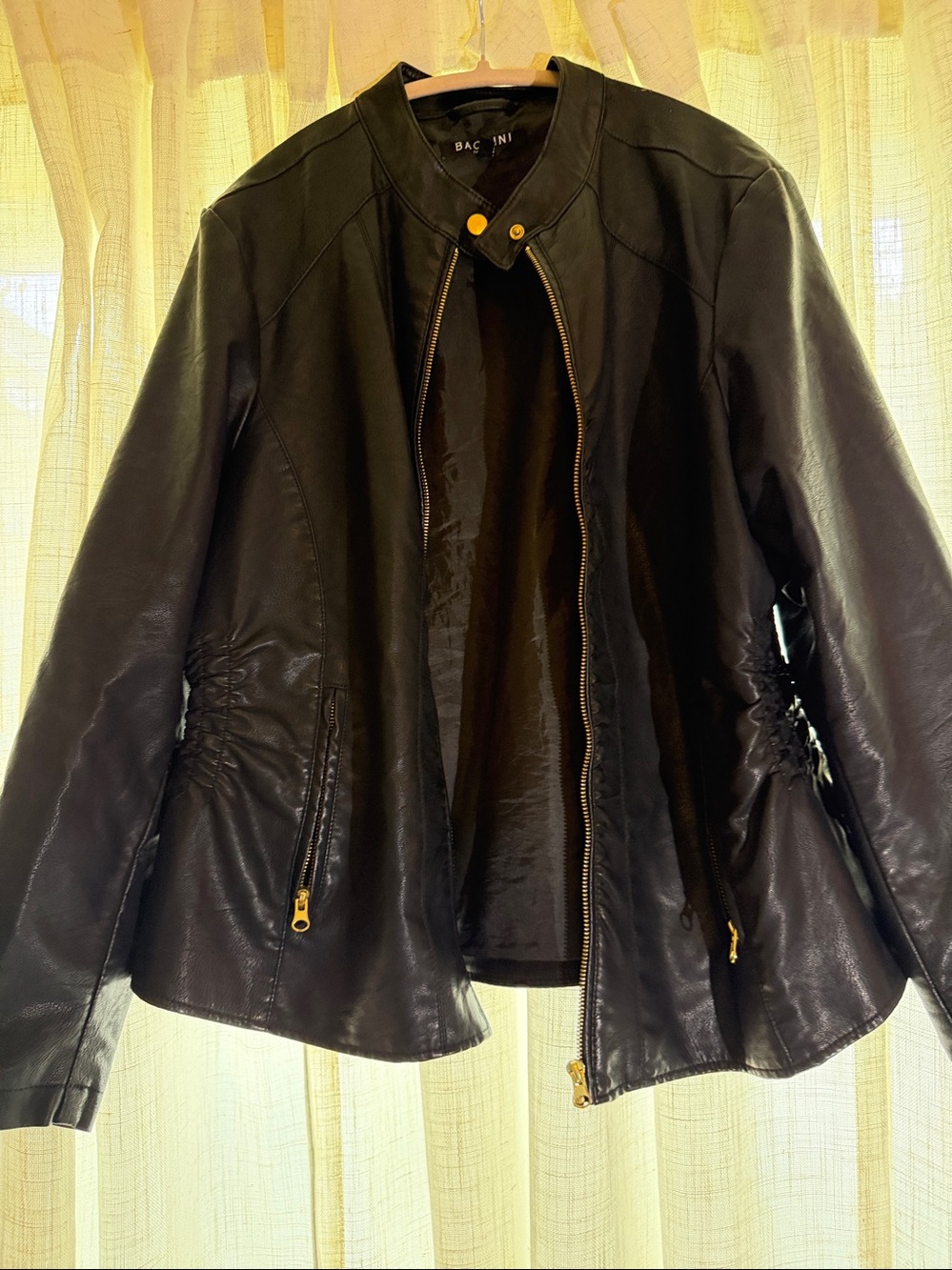 Baccini Black Women's Leather Zip Jacket with Gold Accents